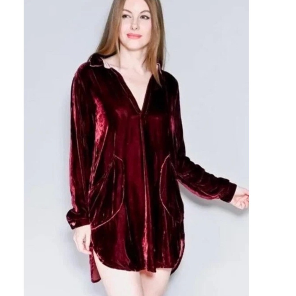 Free People CP Shades Collab Crushed Velvet Tunic Dress Top Women L Burgundy